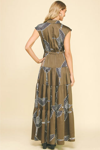 V-Neck Collared Cinch Waist Printed Tiered Maxi Dress
