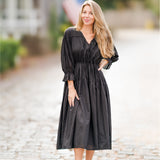 Tie V-Neck Long Sleeve Cinched Waist Midi Dress