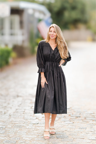 Tie V-Neck Long Sleeve Cinched Waist Midi Dress