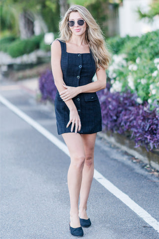 Sleeveless Square Neck Tweed Button Down Dress with Front Pockets