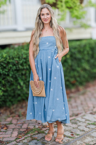 Tied Back Denim Embroidery Maxi Dress