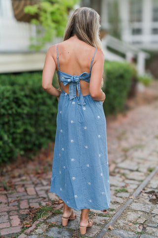 Tied Back Denim Embroidery Maxi Dress