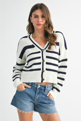V-Neck Ribbed Button Down Stripe Cardigan