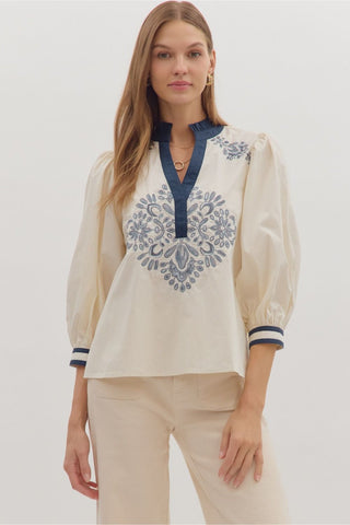 3/4 Sleeve Ruffle Collar Embroidered Top