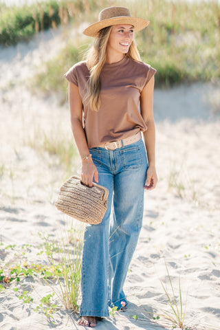 Rolled Cap Sleeve Cotton Top