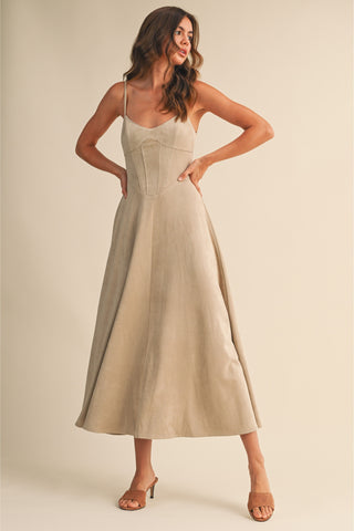 Faux Suede Corset Flared Midi Dress with Spaghetti Straps