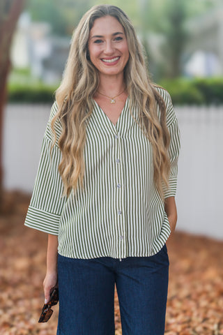 Stripe 3/4 Sleeve Button Down Top