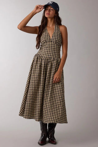 Checker Halter Tie Fit & Flare Midi Dress