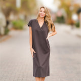 V-Neck Drop Shoulder Draped Midi Dress