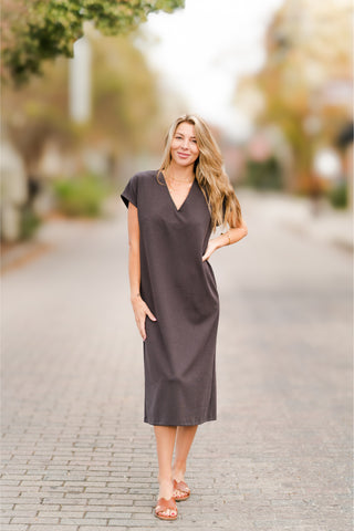 V-Neck Drop Shoulder Draped Midi Dress