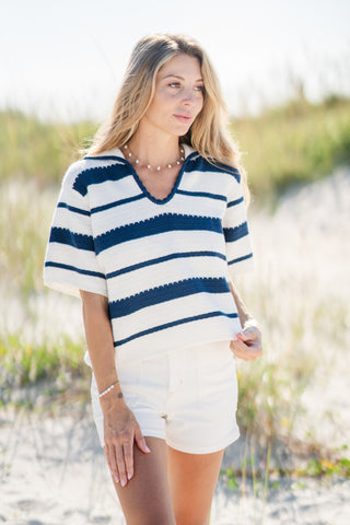 Striped V-Neck Short Sleeve Top