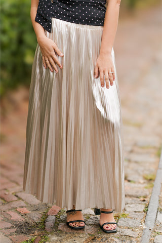 Pleated Metallic Midi Skirt