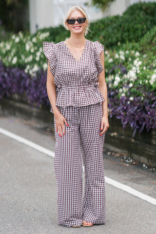 V-Neck Ruffle Gingham Top