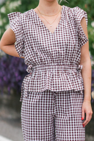 V-Neck Ruffle Gingham Top