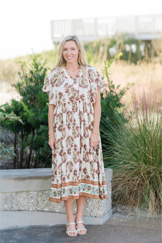 Floral Fall Printed V-Neck Midi Dress