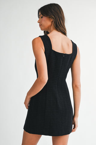 Sleeveless Square Neck Tweed Button Down Dress with Front Pockets