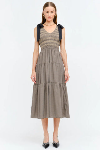 V-Neck Gingham Midi Smocked Dress