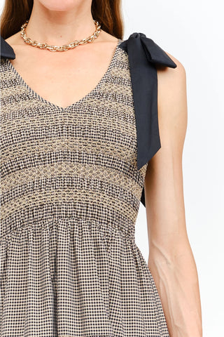 V-Neck Gingham Midi Smocked Dress