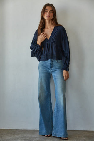 Eyelet Collar V-Neck Button Down Long Sleeve Blouse