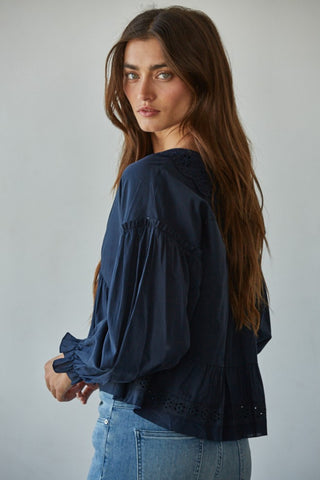 Eyelet Collar V-Neck Button Down Long Sleeve Blouse