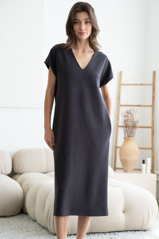 V-Neck Drop Shoulder Draped Midi Dress