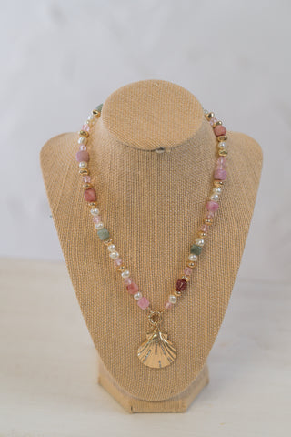 Mixed Bead Shell Pendant Necklace