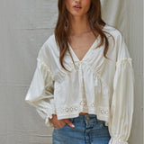 Eyelet Collar V-Neck Button Down Long Sleeve Blouse