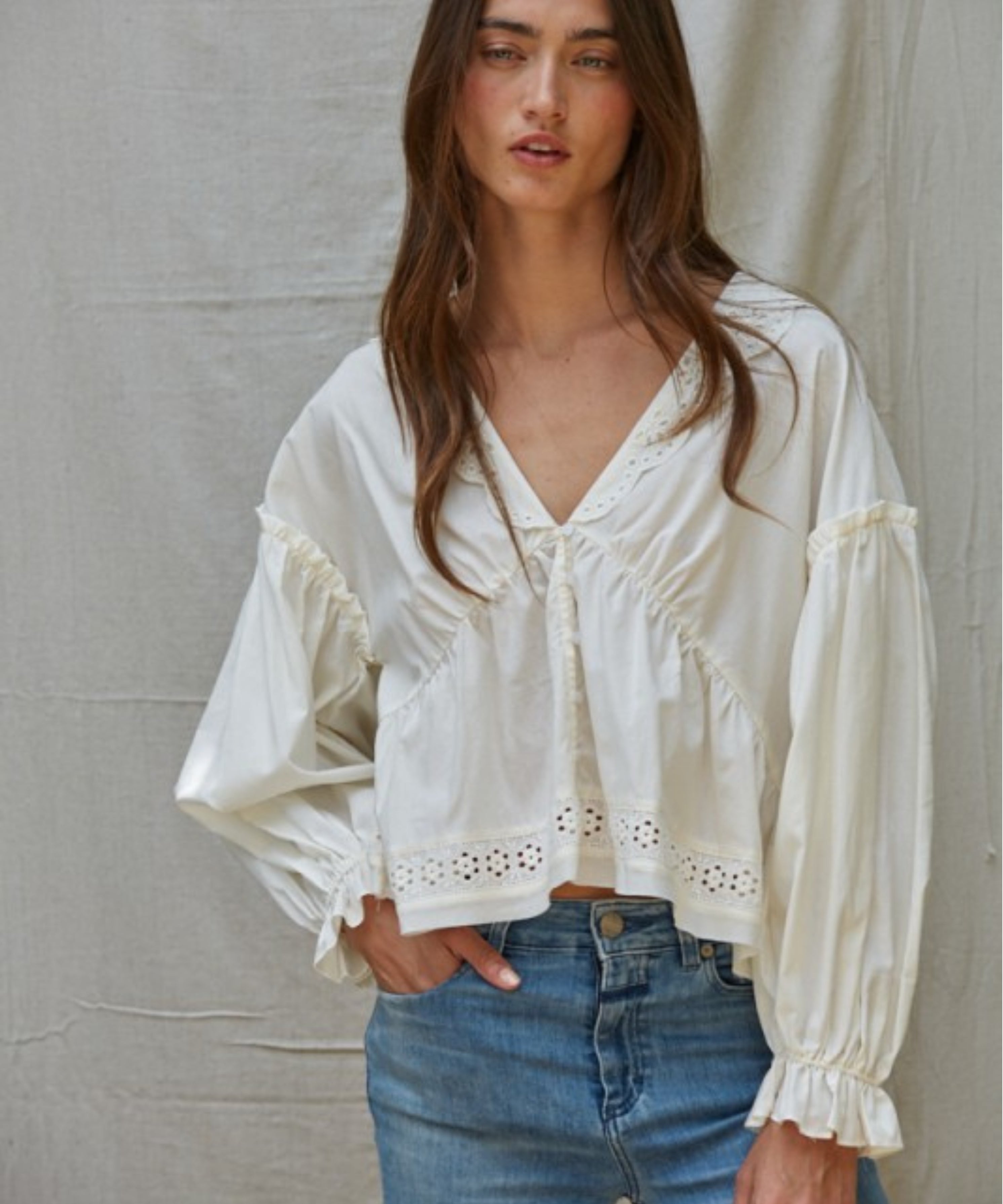Eyelet Collar V-Neck Button Down Long Sleeve Blouse