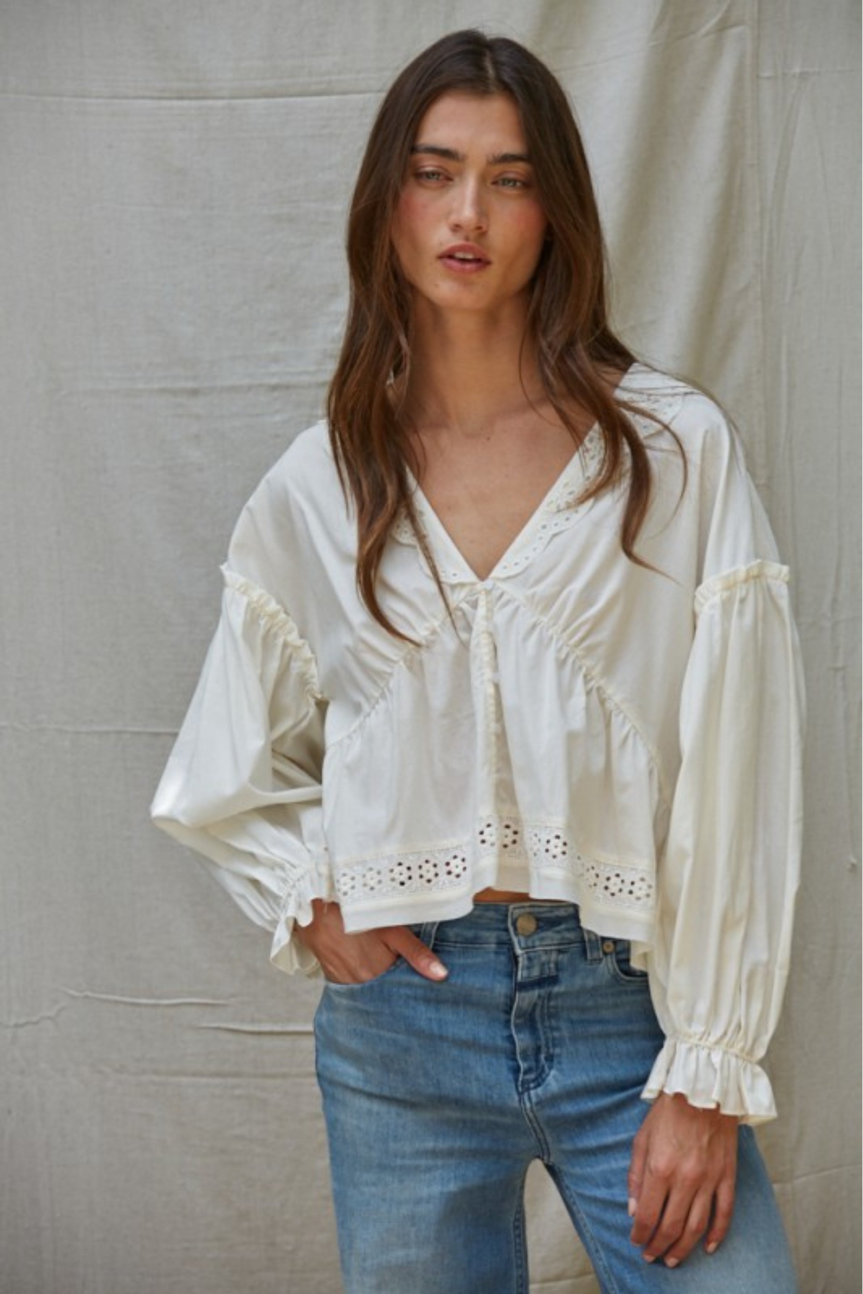 Eyelet Collar V-Neck Button Down Long Sleeve Blouse