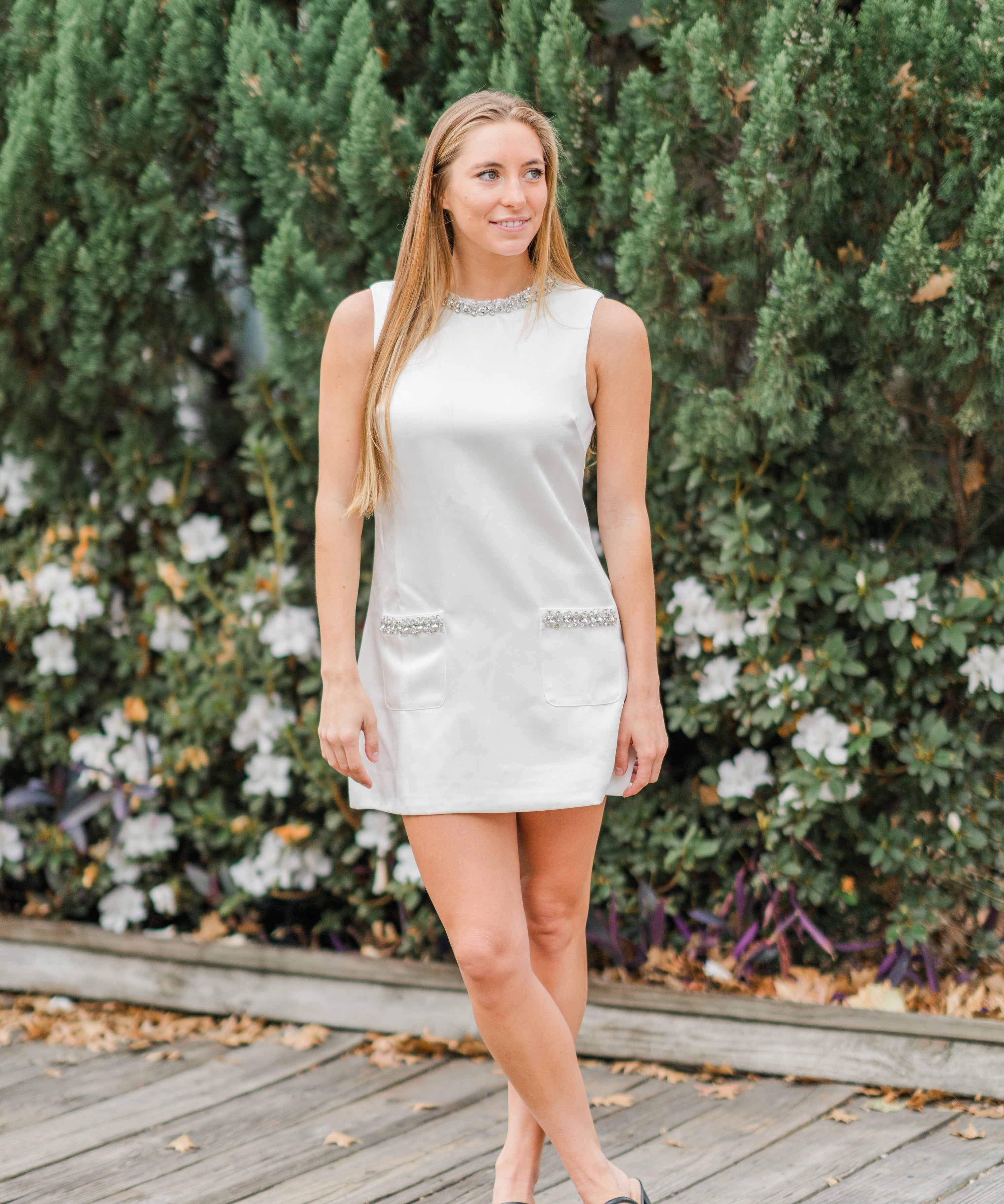 Jeweled Neckline Sleeveless Shift Dress