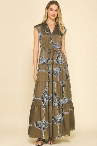 V-Neck Collared Cinch Waist Printed Tiered Maxi Dress