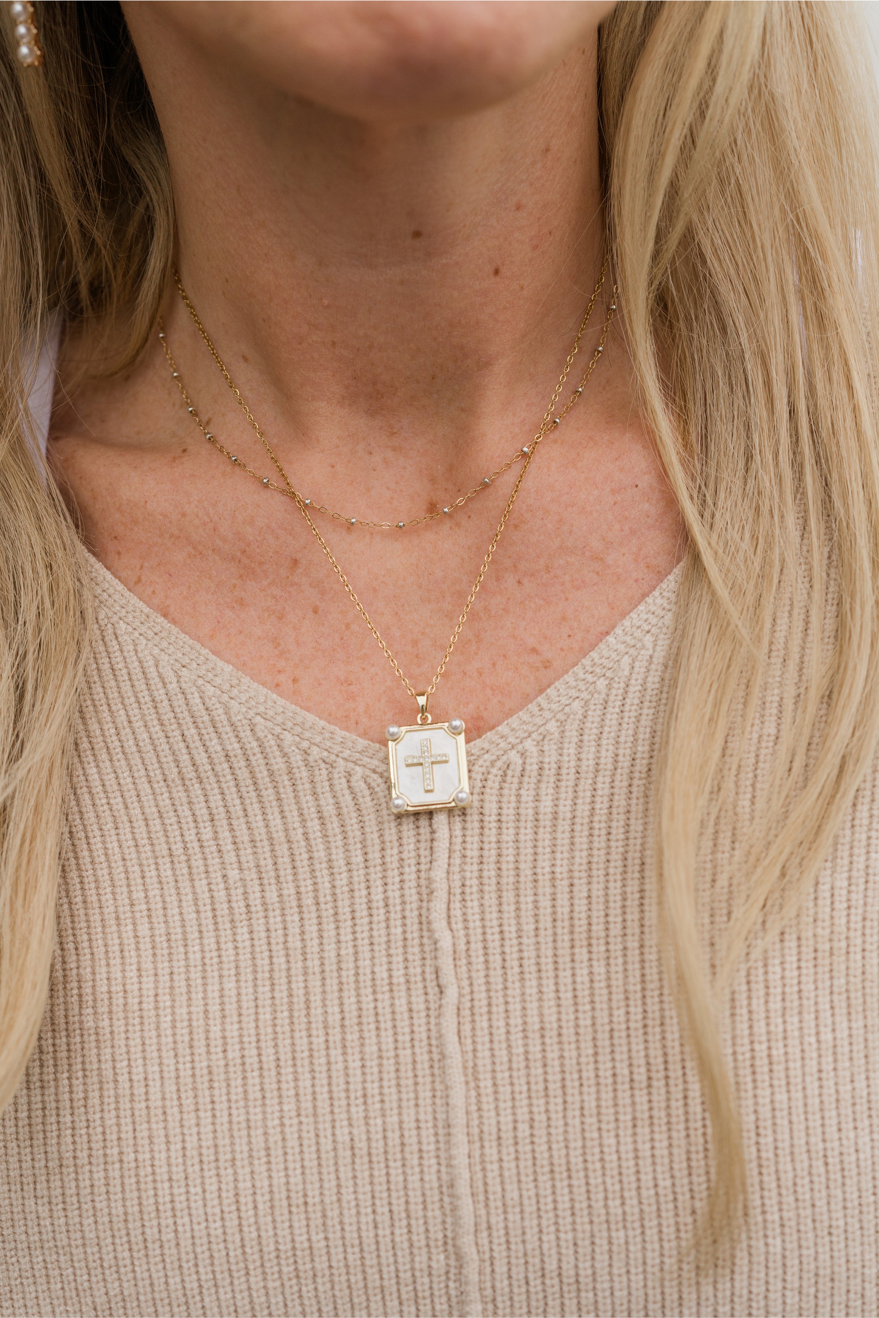 Mother of Pearl & Pave Cross Rectangle Necklace – Religious Cross Pendant Necklace