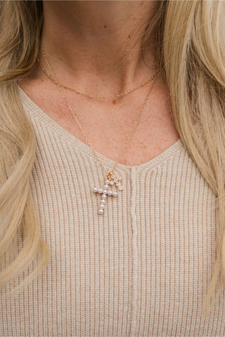 Pave & Pearl Cross Necklace