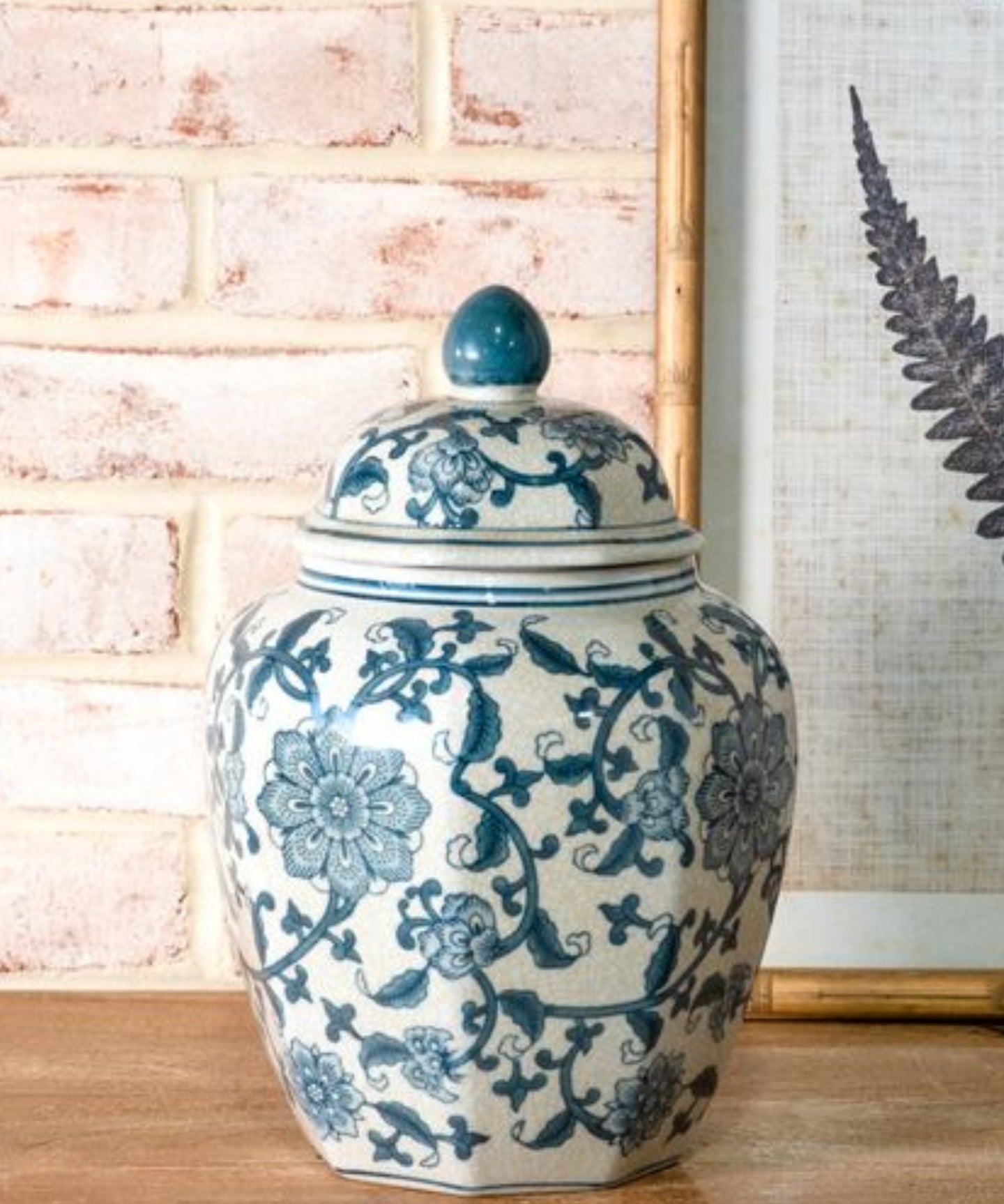10" Blue Floral Ginger Jar w/ Lid