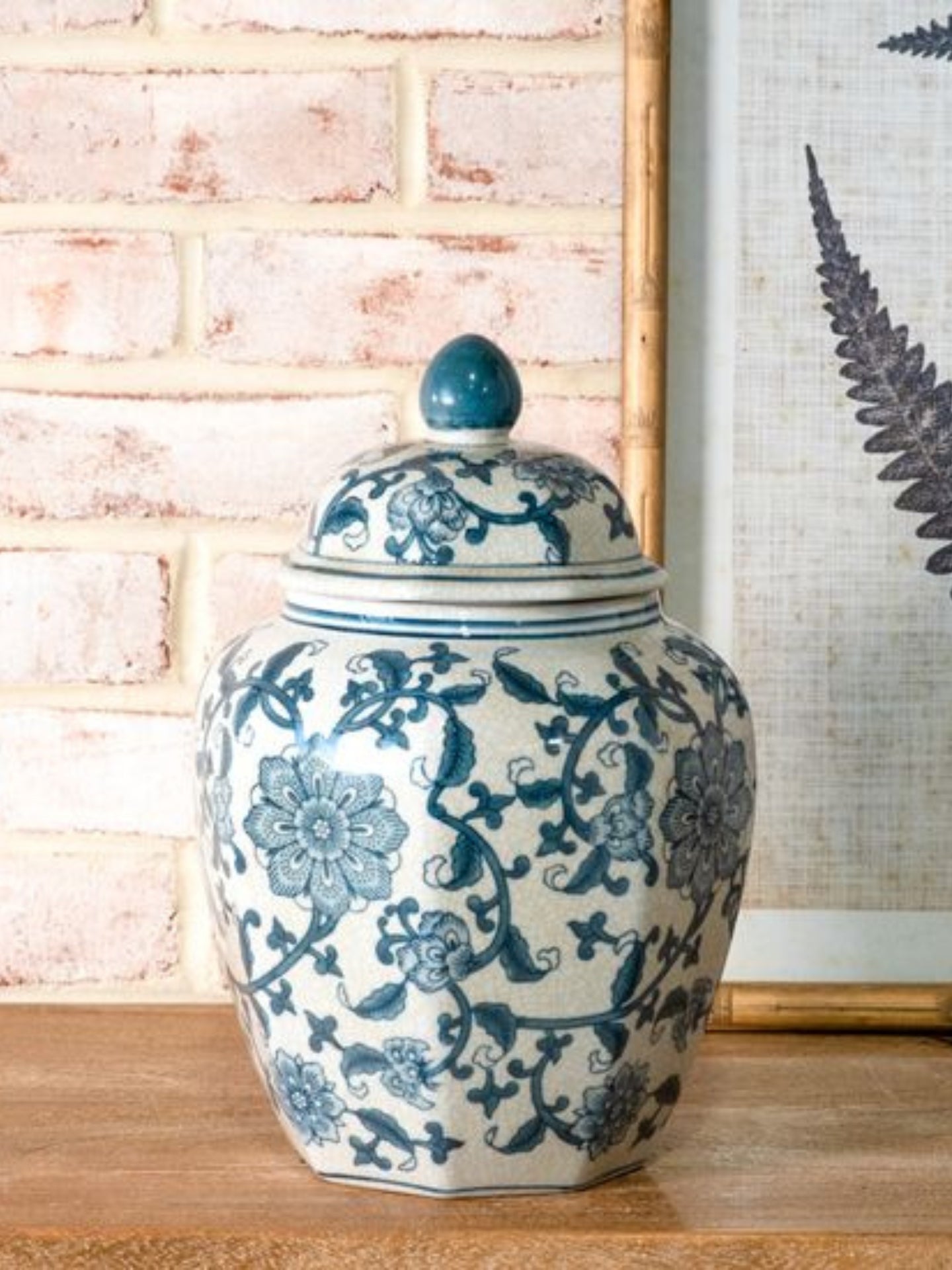 10" Blue Floral Ginger Jar w/ Lid