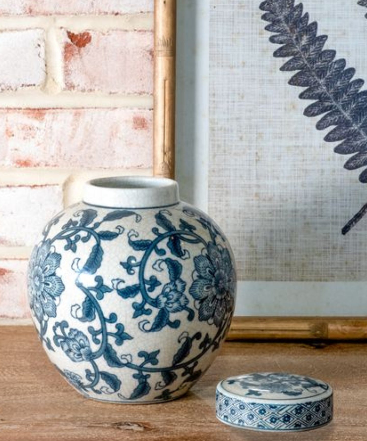 8" Blue Floral Ginger Jar w/ Lid