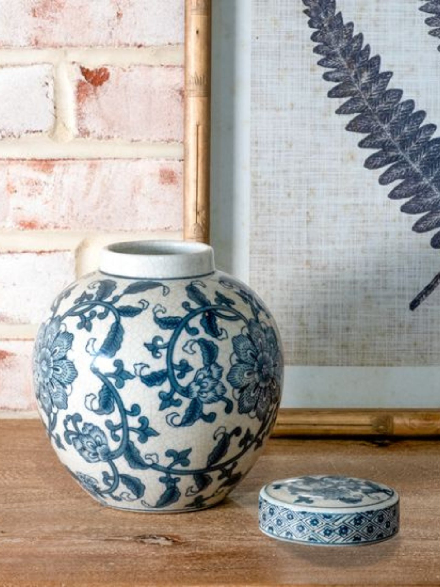 8" Blue Floral Ginger Jar w/ Lid