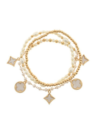 3 Row Clover and Pearl Bracelet Set