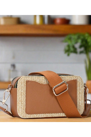 Straw Crossbody Bag With Leather Paneling