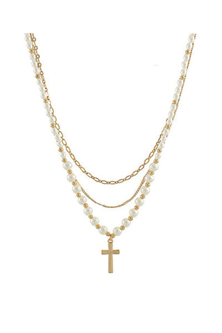 Layered Cross & Pearl Necklace