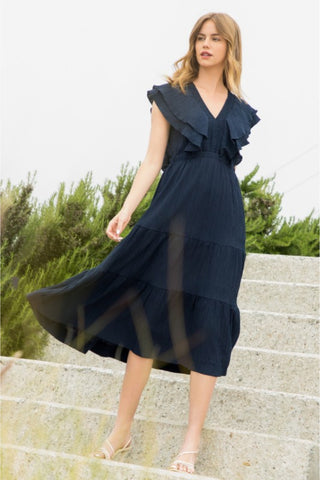 Tiered Ruffle Sleeve Midi Dress