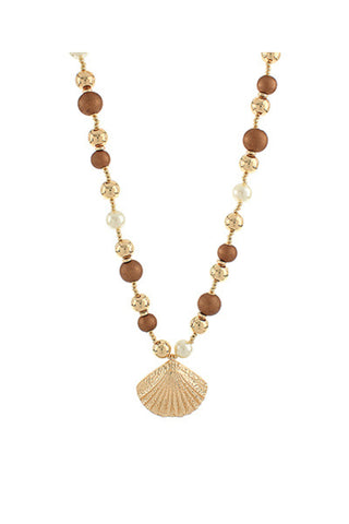 Wood & Pearl Bead Shell Necklace