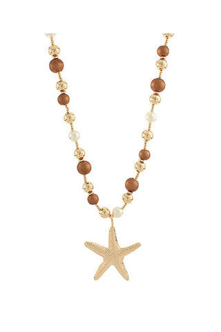 Wood & Pearl Bead Starfish Necklace