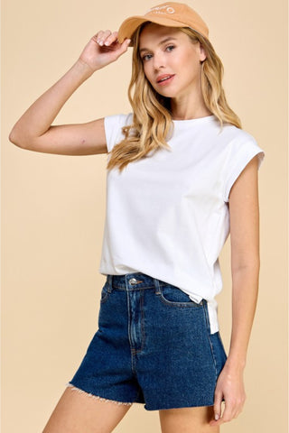 Rolled Cap Sleeve Cotton Top