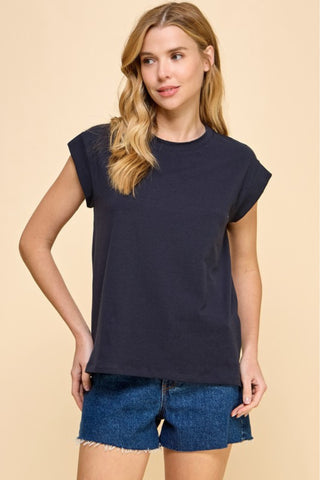 Rolled Cap Sleeve Cotton Top