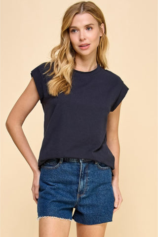 Rolled Cap Sleeve Cotton Top