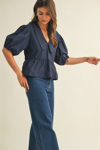 V-Neck Puff Sleeve Peplum Top