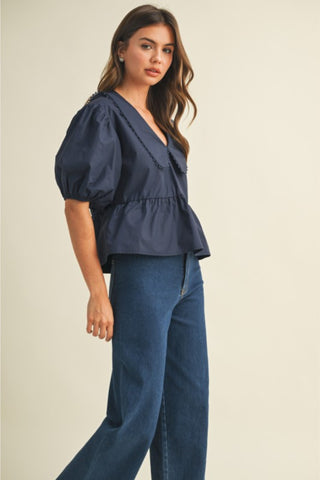 V-Neck Puff Sleeve Peplum Top