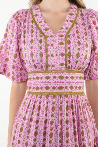 Smocked Waist Puff Sleeve Midi Dress