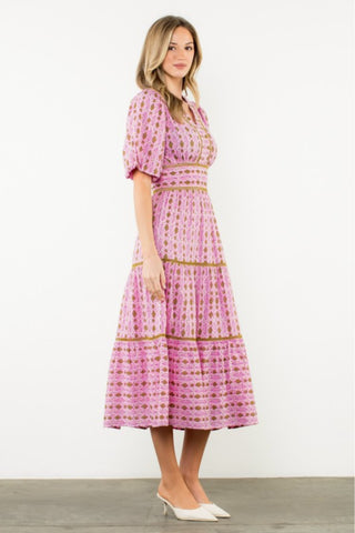 Smocked Waist Puff Sleeve Midi Dress